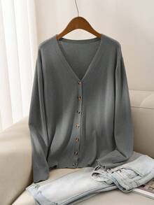 CosyJoli Plus Size Women's Solid Color V-Neck Front Button Casual Long Sleeve Basic Cardigan, For Winter Fall - Grey - View 1