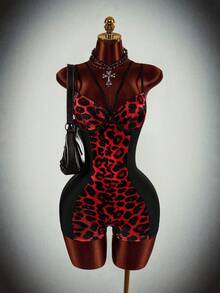 Amplova Halloween Underwire Tight-Fitting Criss-Cross Straps Black Leopard Print Sexy Y2K Polyester Shiny Satin Bodycon Jumpsuit For Women Night Club Summer - Black - View 3