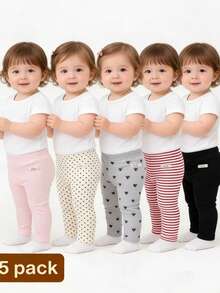 SHEIN Vintaside Kids 4件組嬰幼兒女童休閒打底褲褲子，黑白條紋、粉色、米色素色，適合秋季室內或戶外玩耍、托兒所穿著 - 彩色 - 查看 8