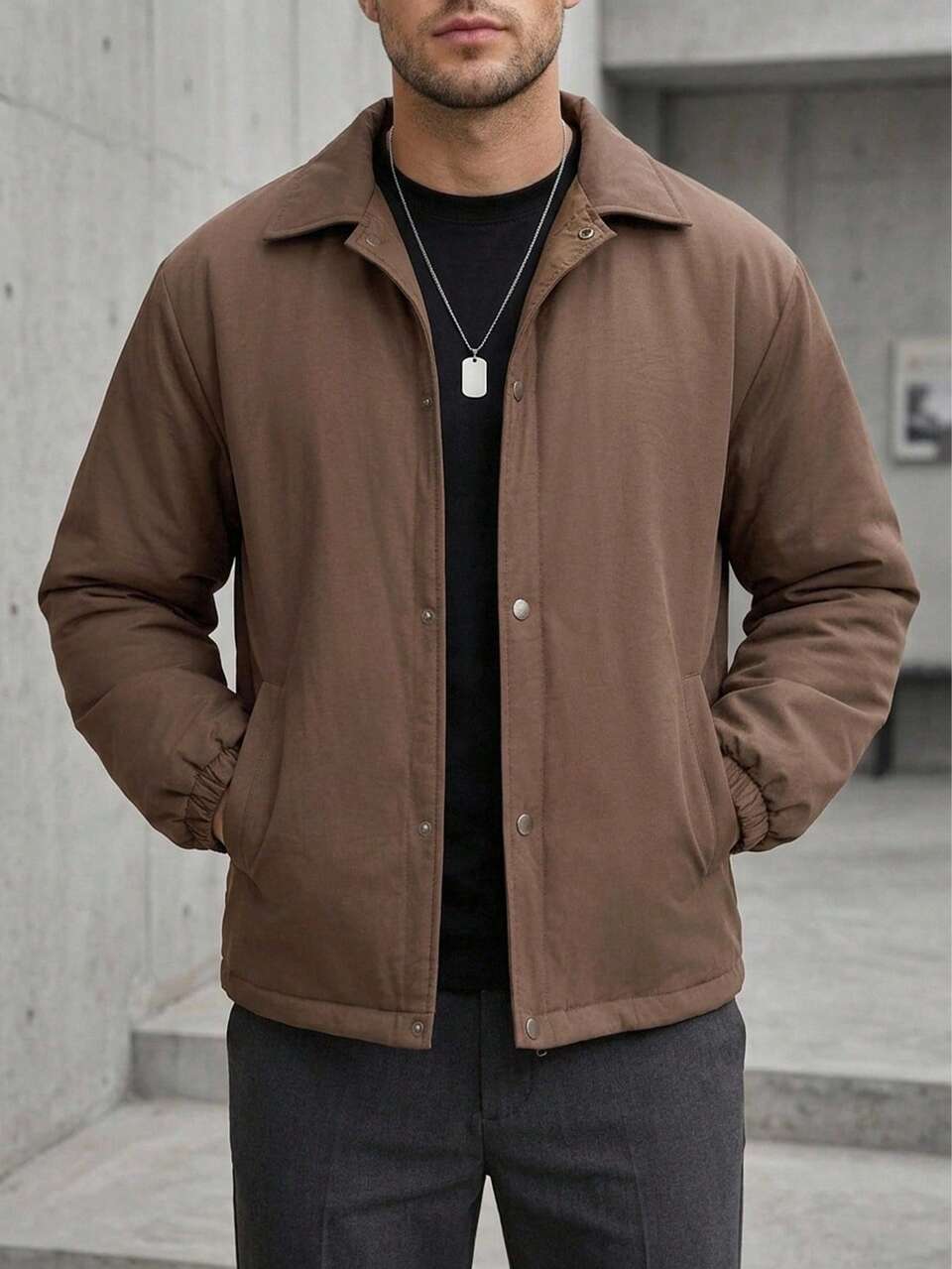 Brown Button-Up Placket Drawstring Hem Design Men's Padded Coat Jacket