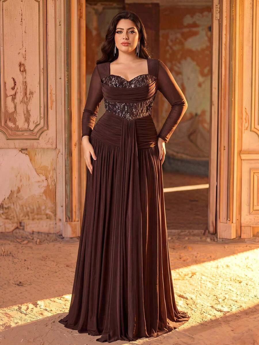 Aureia Plus Size Elegant Fashionable Coffee Color Luxury Beaded Patchwork Elastic Mesh Heart-Shaped Square Neck Ruffle Pleated Sheer Long Sleeve A-Line Maxi Dress Suitable For Wedding Events Birthday Parties Vacation Formal Evening Gown (Heavy Workmanship Style)