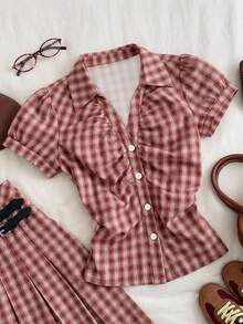 Comfortcana Kemeja Kotak-kotak Lengan Pendek Berkerut Gaya Vintage Kasual Wanita, Pakaian untuk Perjalanan Sehari-hari, Pakaian untuk Jalan-jalan, Streetwear, Cocok untuk Perjalanan Harian, Kencan, Berkumpul, Musim Gugur/Dingin, Musim Panas, Pesta, Pernikahan, Pantai, Upacara Wisuda, Elegan, Kasual, Jalan-jalan, Y2K, Pakaian Festival Musik, Pakaian Liburan, Pakaian Kembali ke Sekolah - MultiWarna - View 3