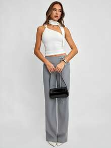 Avenya Women's White Asymmetric Twist Metal Decor Ribbon T-Shirt - White - View 7