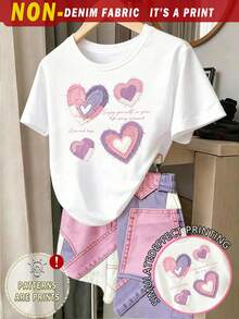 (2 Random Item From 5) Girls' Purple Pink Heart, Colorful Brown Stripe, Floral, Bow, Polka Dot Pattern Basic Short T-Shirt And Shorts - Multicolor - View 6