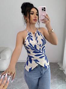 Elenzga 女款夏季優雅葉子印花無袖掛脖背心上衣，米色波希米亞風度假休閒風，木珠裝飾不對稱下擺修身收腰上衣 - 藍色 - 查看 3