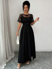 SHEIN Elenzya Vestido ajustado de manga corta casual con parches de encaje y abertura para mujer - Negro - Ver 3