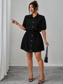 Elenzga Plus Size Women Elegant Comfortable Loose Deep Blue Non-Stretch Denim Dress - Black - View 5