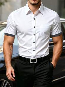 Manfinity Mode Plus Size Women's Colorblock Single-Breasted Casual Versatile Daily Short Sleeve Shirt - White - View 1