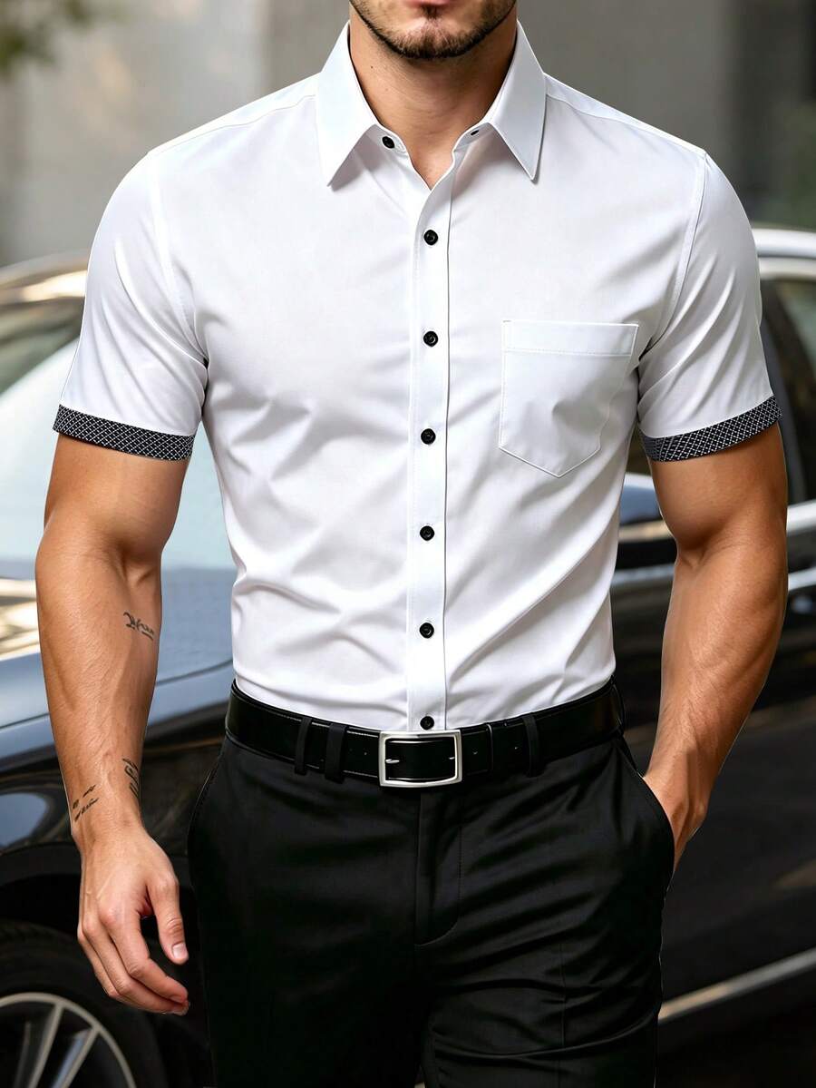 Manfinity Mode Plus Size Women's Colorblock Single-Breasted Casual Versatile Daily Short Sleeve Shirt - White - View 1
