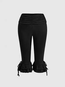 Sweetness Sweet & Cool Style Plus Size Women's Slim Fit High Waist Ruched Ruffle Hem Capri Pants, Casual Daily Wear - Black - View 1