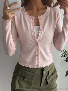 FRIFUL Women's Solid Pink Ruffle Trim Loose Casual Versatile Cardigan - Beige - View 4