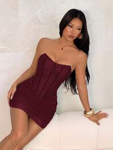 SHEIN PETITE Women's Standard Size Bandeau Lace Ruffle Sexy Dress - Burgundy - View 6
