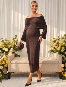 Loomaby Elegant Chic Casual Maternity Cold Shoulder Party Babyshower Baby Shower Photoshoot Dress For Women Gender Reveal Autumn Brown - Camel - View 6