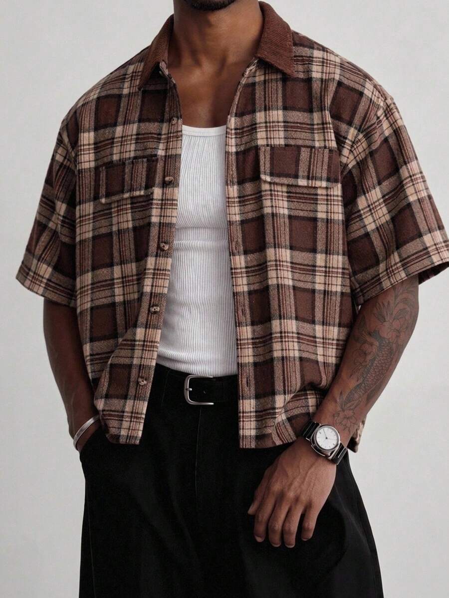 Manfinity RebelGame Men's Plus Size Plaid Single-Breasted Casual Everyday Short Sleeve Shirt - Brown - View 1