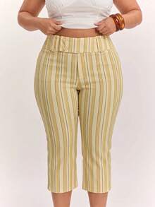 SHEIN Tall CURVE Plus Size Women's Striped Patchwork Casual Versatile Daily Wear Capris - Multicolor - View 7