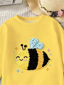 SHEIN 1套幼女韓式溫柔亮黃色鉤編蜜蜂與星星裝飾套頭運動衫 + 純黑修身緊身褲，休閒週末出遊派對春秋幼女兩件套裝 - 彩色 - 查看 4