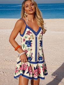 SHEIN Swim Vcay 女款春夏度假花卉印花細肩帶洋裝，附荷葉邊下擺 - 藍白色 - 查看 3