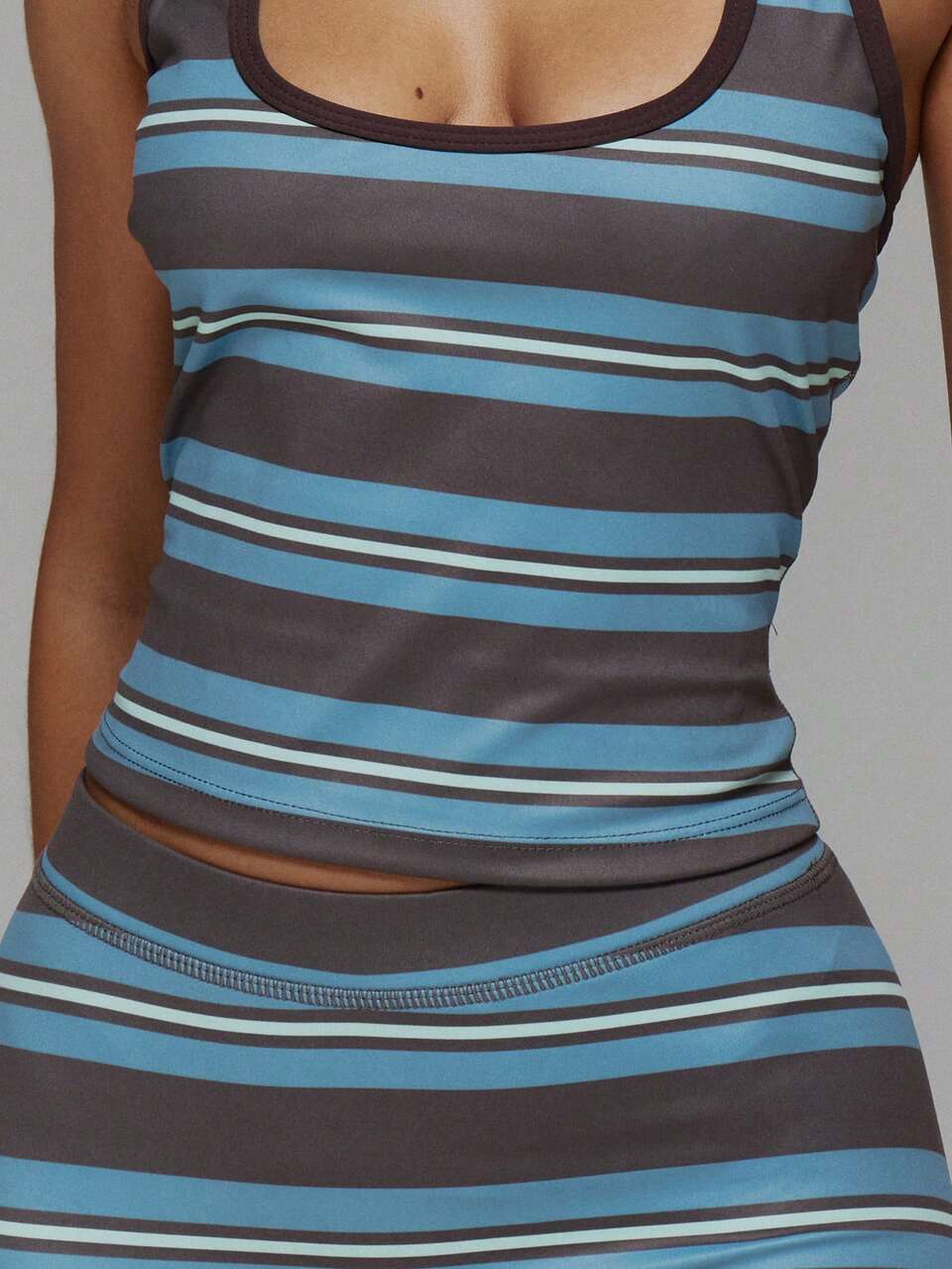 Navy Blue Multi Colour Striped Scoop Neck Active Tank Top With Fitted Mini Shorts Sold As Set