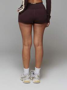 Musera Sport Stripe Side Foldover Waist Fitted Active Mini Shorts Fall Autumn Winter Gym Workout Cute Butter Yellow - Mocha Brown - View 4