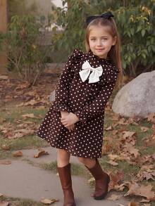 Emery Rose Kids Emery Rose Kids 女童可愛度假休閒杏色花卉圖案蝴蝶結長袖寬鬆洋裝，秋季花卉洋裝 - 卡其色 - 查看 4