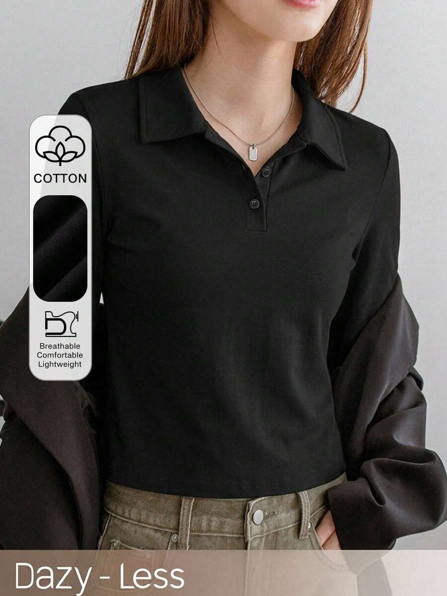 Dazy-Less 女款春夏長袖鈕扣修身純黑色棉質休閒百搭 Polo 領 T 恤 - 黑色 - 查看 1