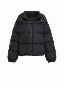 Dazy Kids Áo khoác phao mùa đông có mũ kéo khóa màu trơn phong cách thường ngày cho bé gái tuổi teen - màu đen - Xem 9