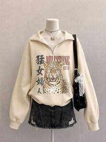 Attitoon 女款寬鬆休閒極簡風小立領運動衫，百搭日常穿搭，適合派對、聚會、機場，Y2K風格，中文字 & 豹紋印花圖案，夏季外出穿搭 - 彩色 - 查看 5