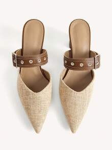 CUCCOO CHICEST Spring And Summer New Linen Pointed Toe Women's High Heels Shoes Mule Shoes Leather Buckle Thick Heel Slouchy Shoes Retro Casual Dating Party Fall Shoes - Brown - View 9