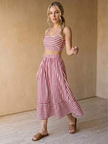 Rouah Women's Stripe Print Tank Top And Long Skirt For Summer - 2 Piece Set, Summer Set, Skirt And Top Set, Resort Set - Red and White - View 1