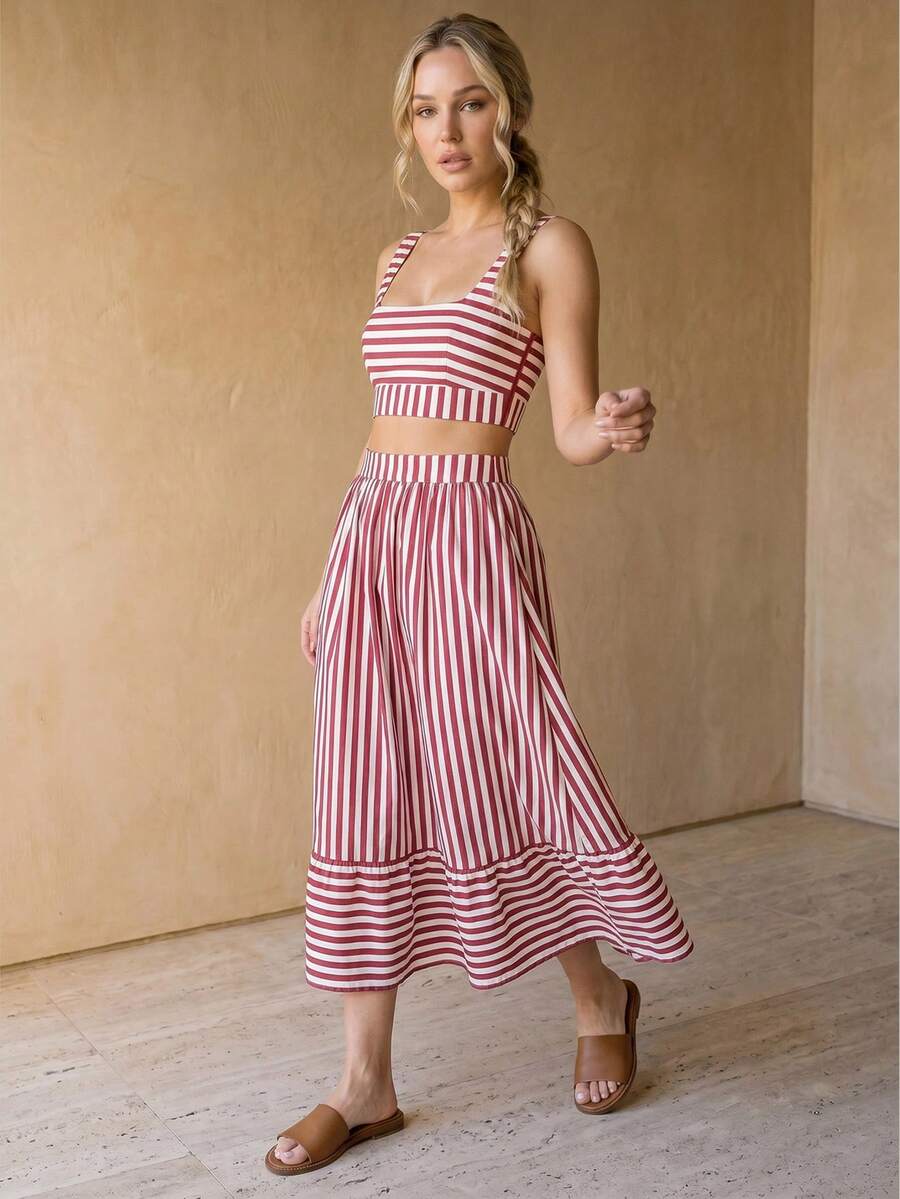 Rouah Women's Stripe Print Tank Top And Long Skirt For Summer - 2 Piece Set, Summer Set, Skirt And Top Set, Resort Set - Red and White - View 1