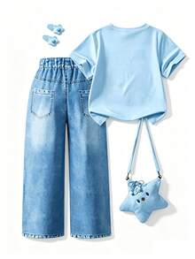 SHEIN 女童 T-shirt 套裝，紫色短袖圓領 T-shirt，附可愛卡通動漫印花與口袋，直筒長褲 2 件套，夏季兒童時尚穿搭，充滿活力夏日氛圍，適合旅行與上學 - 藍色 - 查看 2