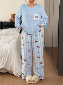 Napfluff Cute Puppy Double-Sided Flannel Print Loose Round Neck Long Sleeve Pants Women's Pajama Set - Baby Blue - View 5