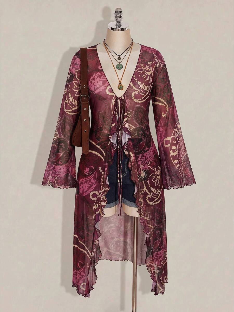 SHEIN ICON 大尺碼女款深V領休閒百搭日常穿搭上衣 秋季 - 酒紅色 - 查看 1
