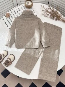 SHEIN 女童純色高領長袖上衣與長褲休閒針織套裝 - 卡其色 - 查看 2