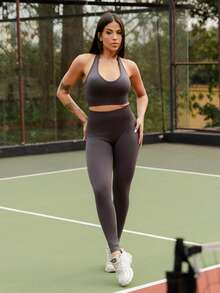 Maju Mazalli Women's Solid Color Halter Backless Fitted Short Sports Set Workout Set Summer - Dark Grey - View 6