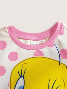LOONEY TUNES X SHEIN 女嬰波點印花短袖休閒連身衣 - 粉色 - 查看 4