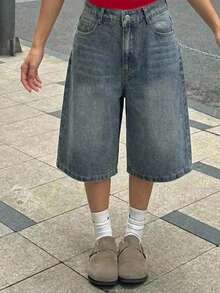 SHEIN Short bermuda en jean ample pour adolescente, style Y2K rétro délavé, avec poches, bohème, Halloween et école, noir - Bleu azur - Voir 3