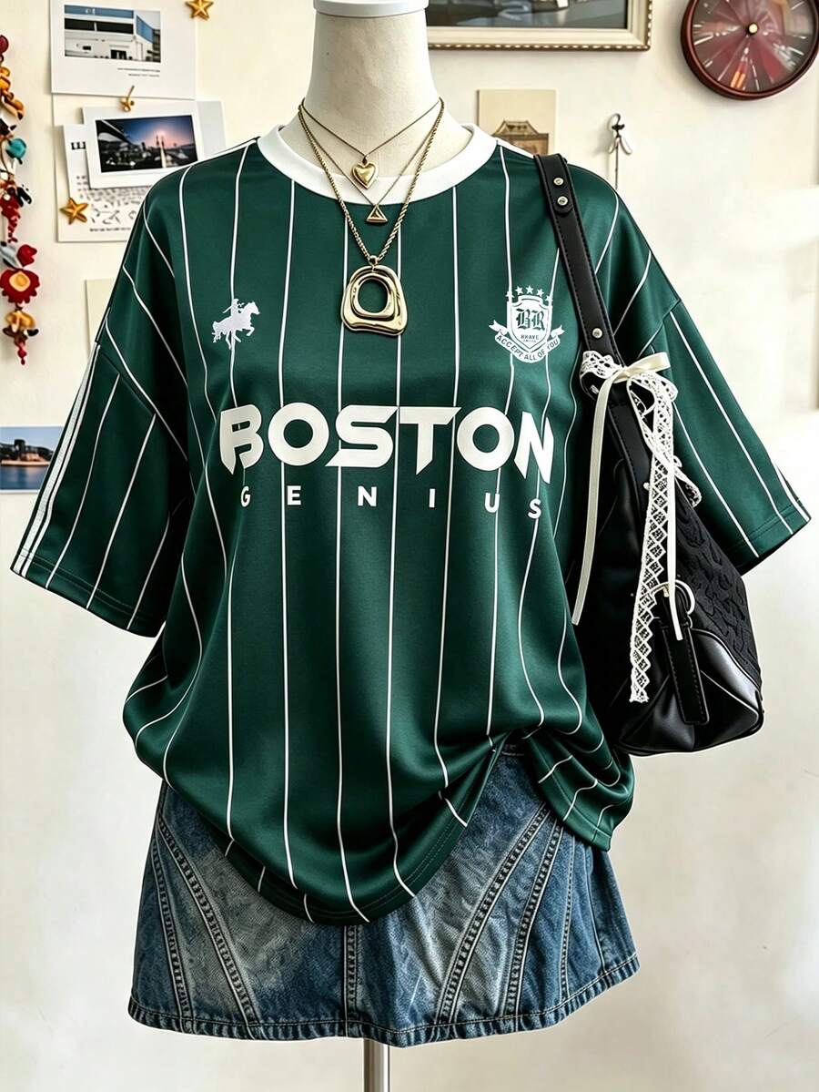 Lalippa 字母圖案直條紋數位印花時尚極簡女款寬鬆中長版圓領落肩T恤,送給朋友的禮物 - 彩色 - 查看 1