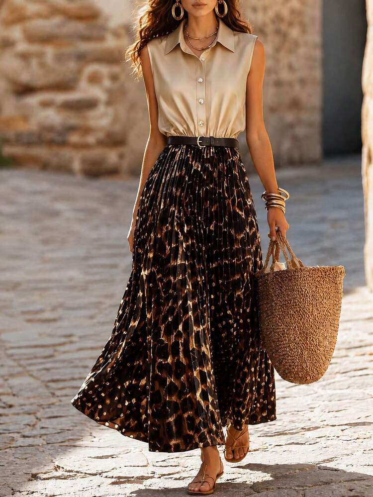 beige leopard print dress Franclia Women's Pleated Midi Dress,Summer Elegant V-Neck Sleeveless Patchwork Shirt With Belt,Work Office Vacation Casual Outfits Mini dress
