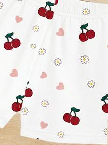 Set de 2 piezas de camiseta de manga corta con estampado de frutas y cerezas y pantalones cortos casuales para niñas, uso cómodo para primavera, verano y otoño - Multicolor - Ver 5