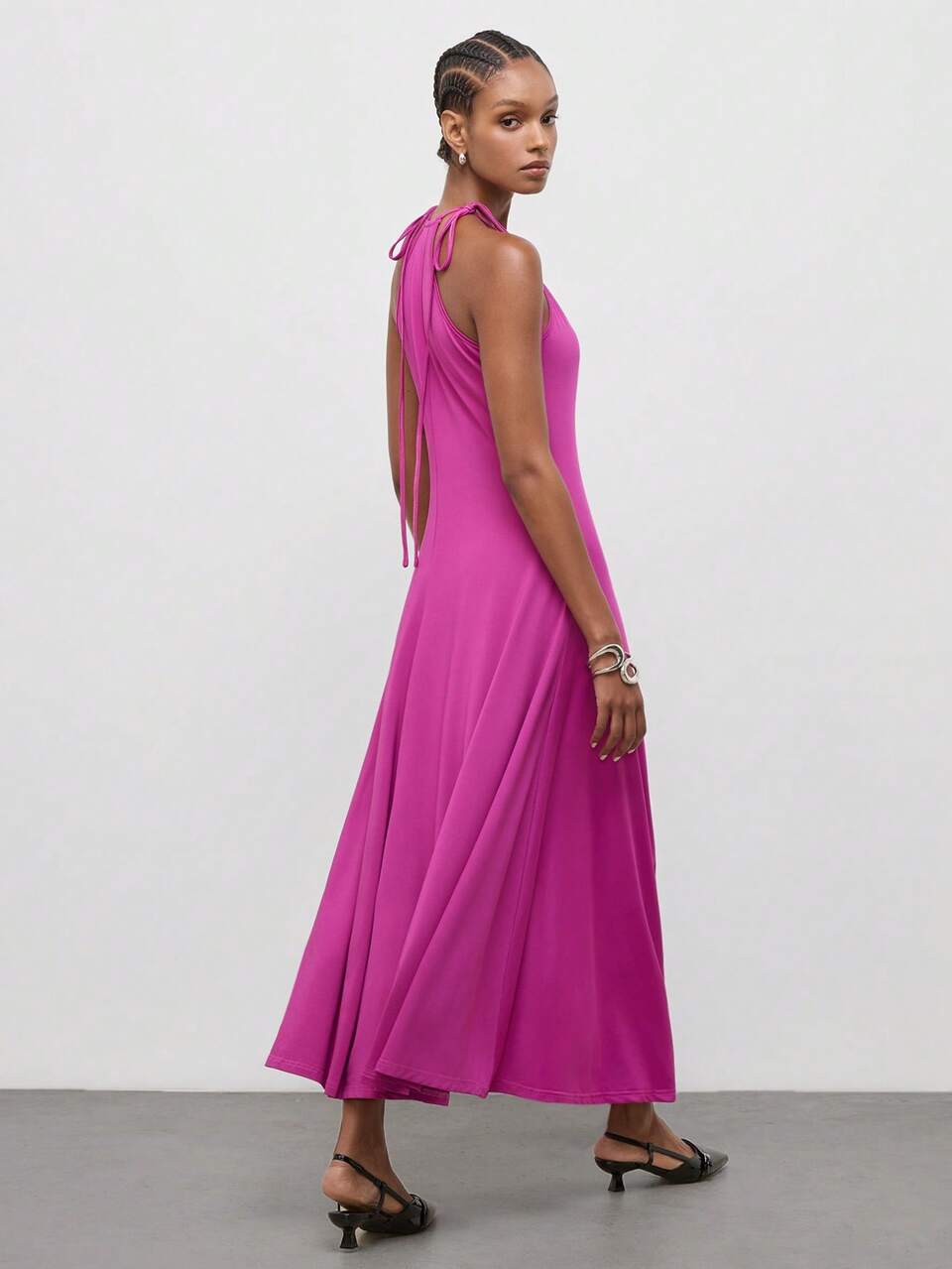 SHEIN Maija Women's Purple Halter Tie Asymmetrical Hem Satin Long Dress, Vintage Old Money Teacher Style, Romantic Fashion Fall/Winter Ceremony Modern Wedding