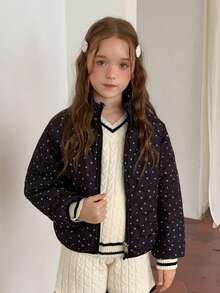 DAZY Tween Girls' Black And White Polka Dot Stand Collar Japanese-Korean Style Loose Thick Winter Coat Jacket Fall - Black - View 6
