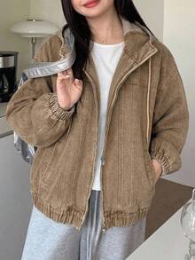 Dazy Plus 淺洗藍色連帽拉鍊寬鬆燈籠袖收口下擺牛仔夾克大尺碼女款 - 卡其色 - 查看 3