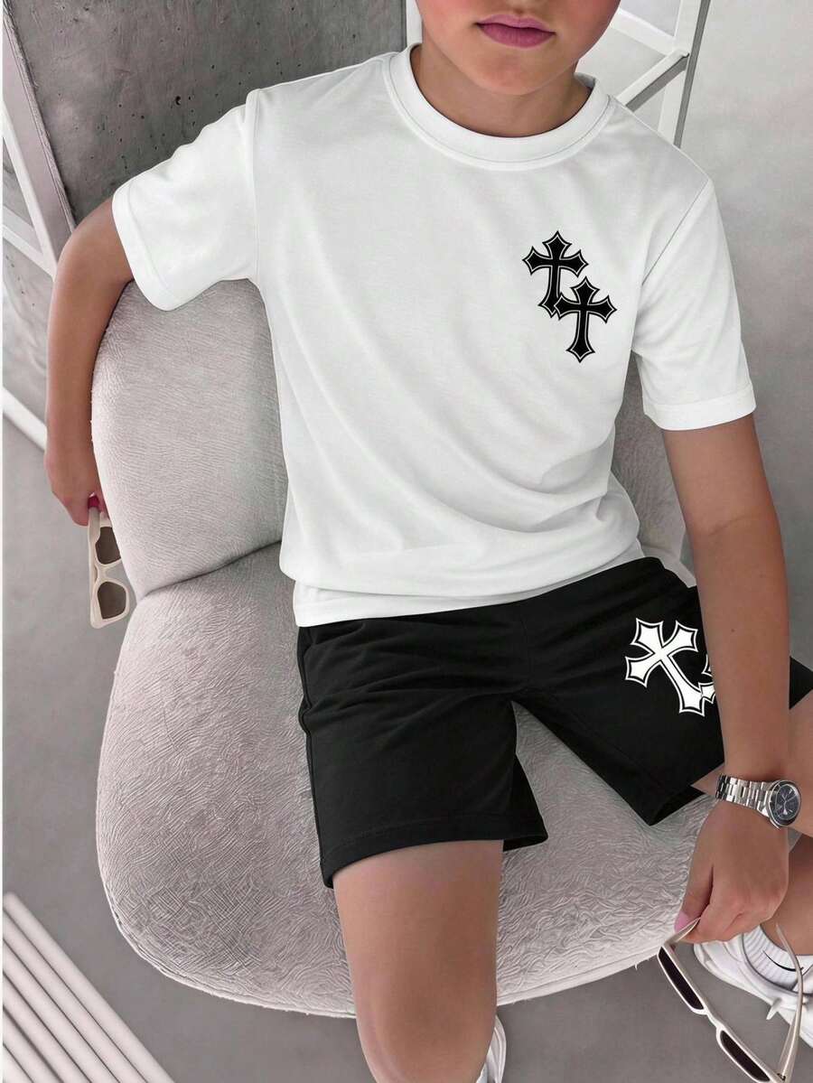 青少年男孩休閒簡約圓領短袖T恤與短褲兩件套,適合夏季,卡通圖案 - 彩色 - 查看 1