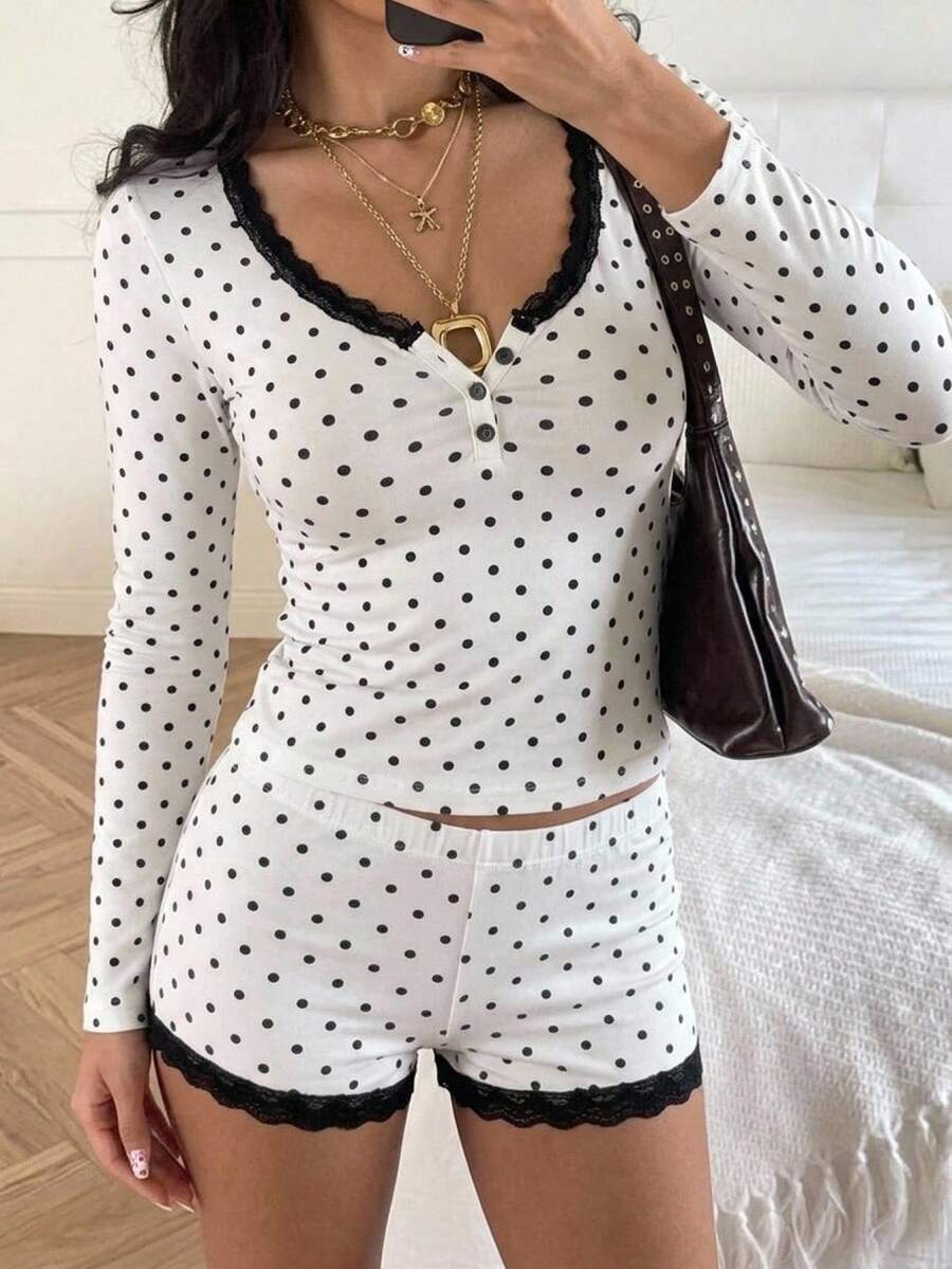 CovetEZ Damen 2 Stücke Set mit französischem Polka-Dot-Muster, Spitze und Patchwork, Langarm-Top und Shorts