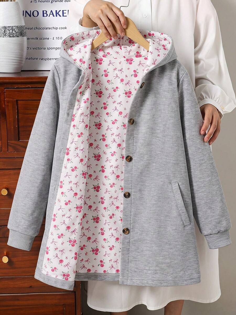 SHEIN Vintaside Kids 青少年女孩灰色連帽運動衫外套，秋季服飾，中長版花卉內裡單排扣大衣，韓系甜美風