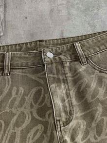 AXEPEAK Quần short denim nam giặt mài rách in chữ - Màu xanh lá cây đậm - Xem 3