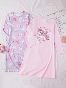 2pcs/Set Girls Tween Girl Big Girls Long Sleeve Pullover Casual AB Striped Rabbit Print Pajamas Sleepwear - Baby Pink - View 1