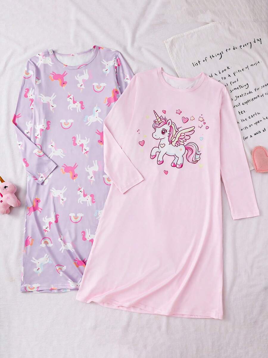 2pcs/Set Girls Tween Girl Big Girls Long Sleeve Pullover Casual AB Striped Rabbit Print Pajamas Sleepwear - Baby Pink - View 1