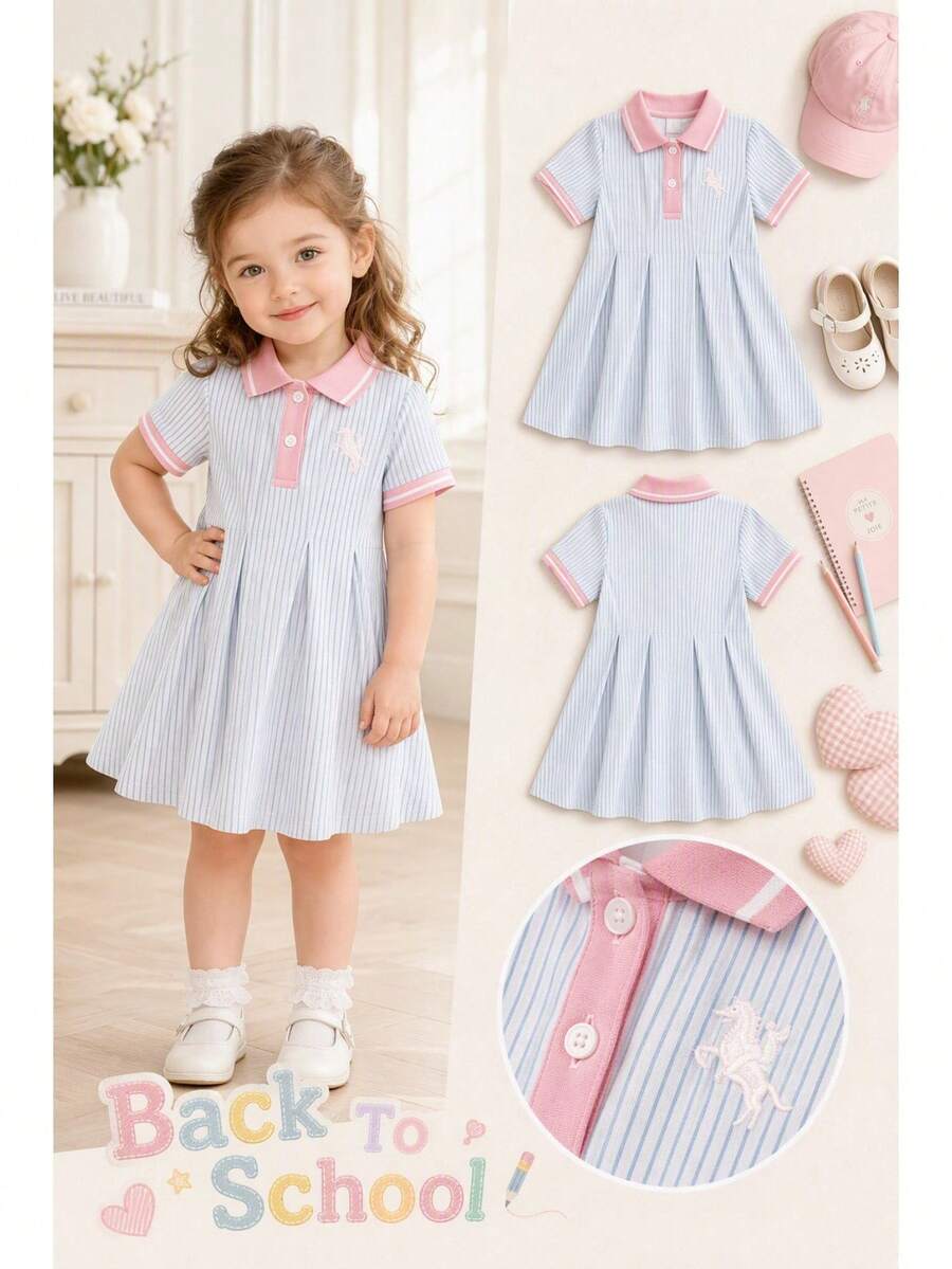 SHEIN 1件少女粉色拼接藍白條紋 Polo 領鈕扣式馬匹刺繡可愛休閒運動韓風優雅時尚甜美洋裝裙,收腰 A 字版型,適合夏季日常外出或室內場合,百搭穿搭 - 藍色 - 查看 1